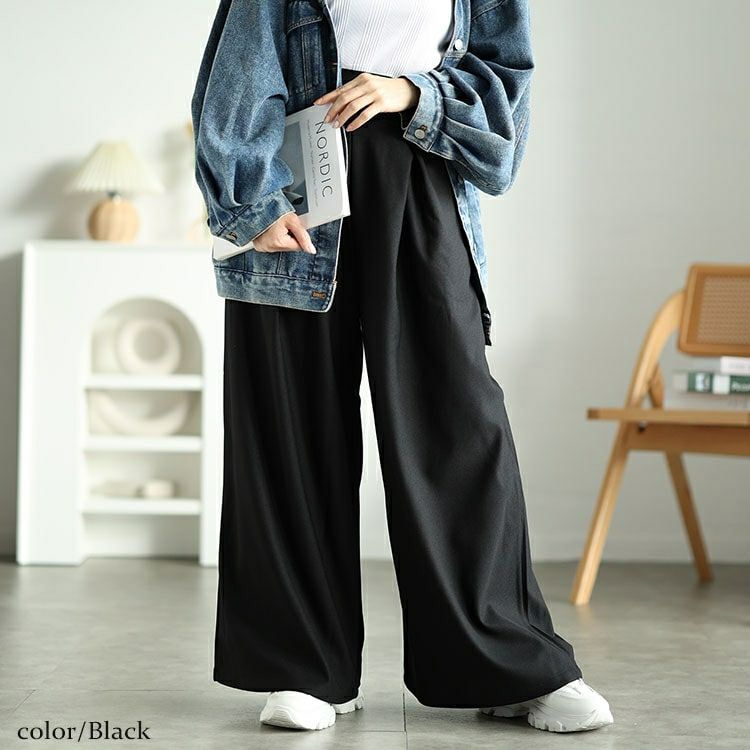 大きいサイズ レディース 裾が床につかないストレッチタックワイドパンツ　kt-152