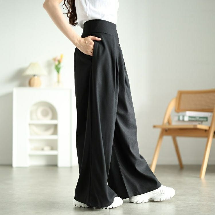 大きいサイズ レディース 裾が床につかないストレッチタックワイドパンツ　kt-152