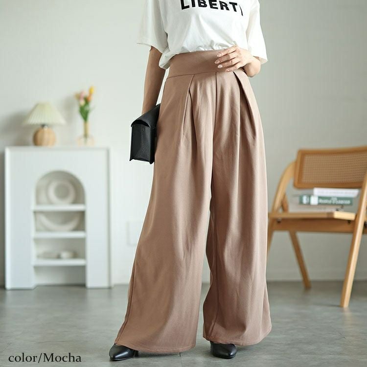 大きいサイズ レディース 裾が床につかないストレッチタックワイドパンツ　kt-152