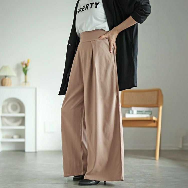 大きいサイズ レディース 裾が床につかないストレッチタックワイドパンツ　kt-152