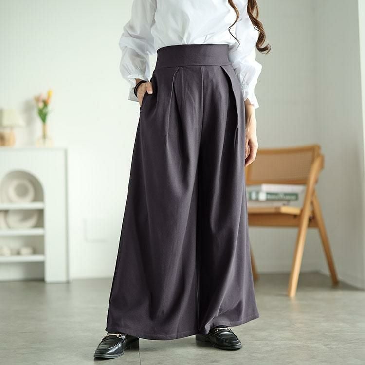 大きいサイズ レディース 裾が床につかないストレッチタックワイドパンツ　kt-152 チャコール