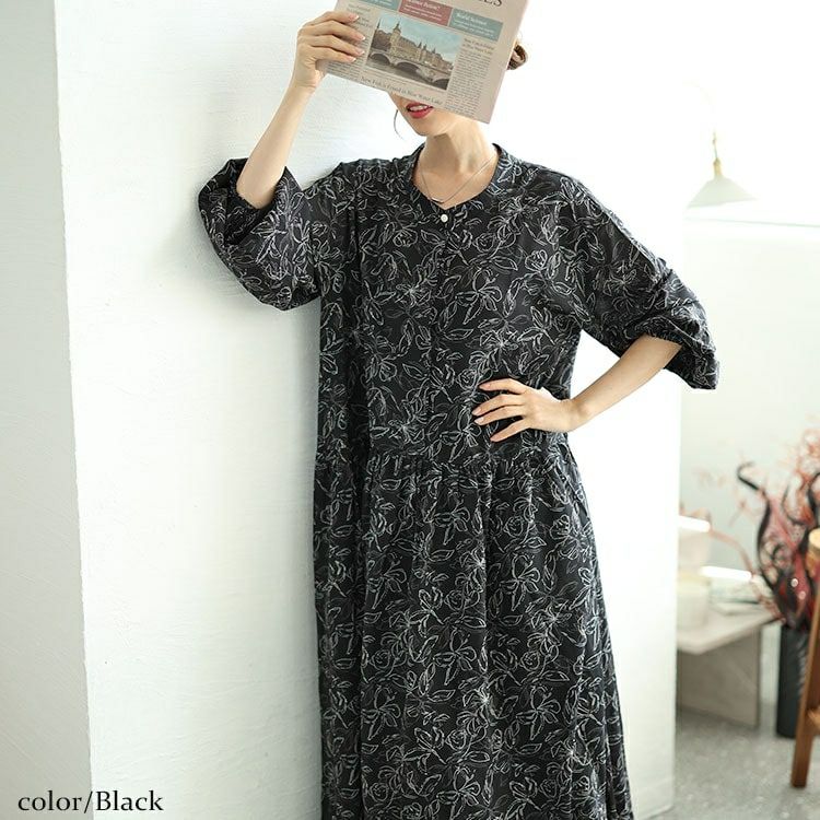 大きいサイズ レディース ギャザー切り替え花柄マキシワンピース　maru-30062