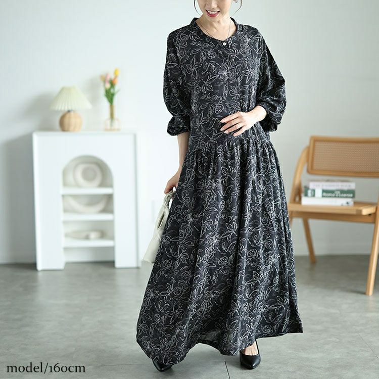 大きいサイズ レディース ギャザー切り替え花柄マキシワンピース　maru-30062