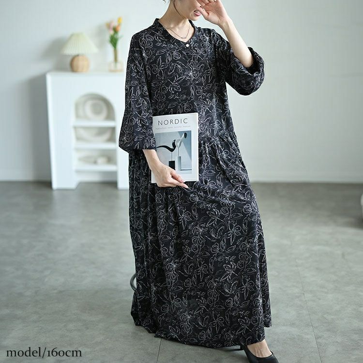 大きいサイズ レディース ギャザー切り替え花柄マキシワンピース　maru-30062