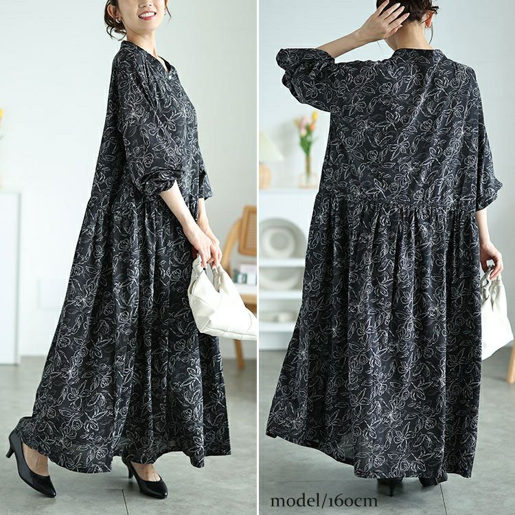 大きいサイズ レディース ギャザー切り替え花柄マキシワンピース　maru-30062