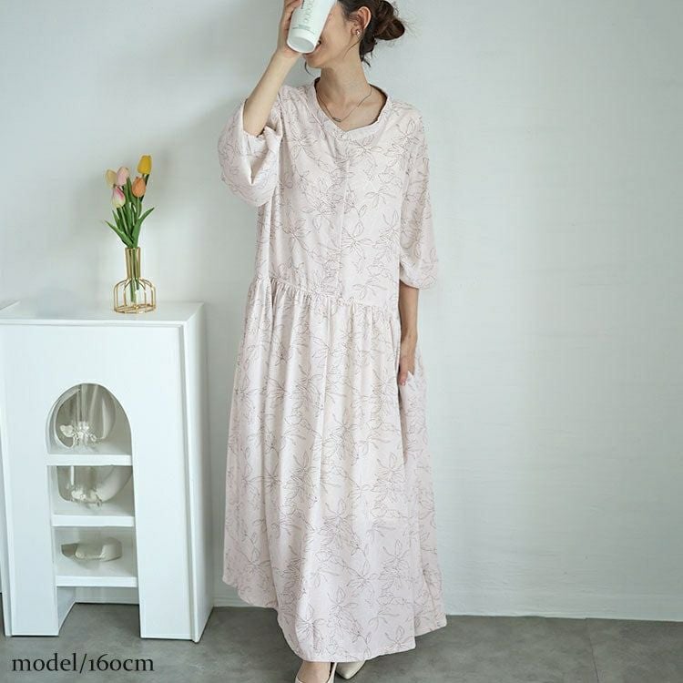 大きいサイズ レディース ギャザー切り替え花柄マキシワンピース　maru-30062