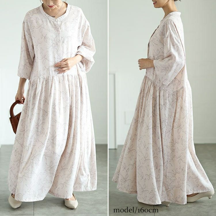 大きいサイズ レディース ギャザー切り替え花柄マキシワンピース　maru-30062