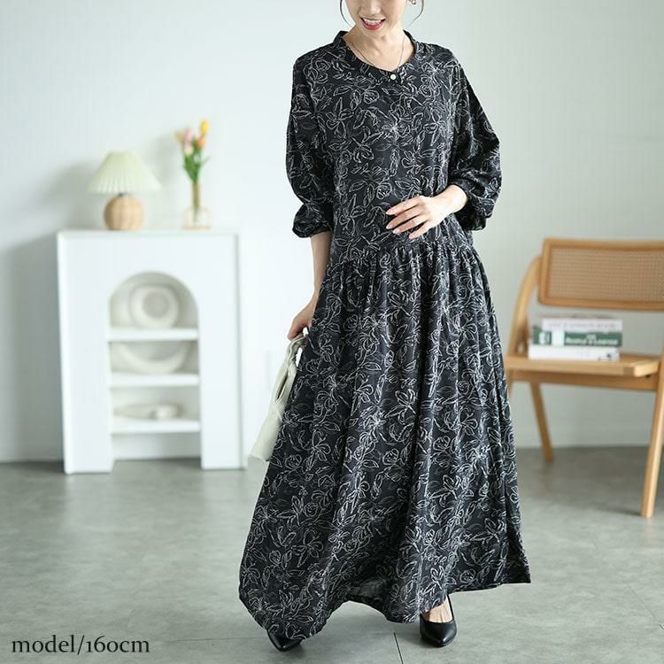 大きいサイズ レディース ギャザー切り替え花柄マキシワンピース　maru-30062 ブラック