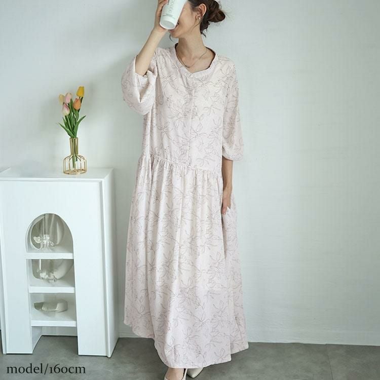 大きいサイズ レディース ギャザー切り替え花柄マキシワンピース　maru-30062 グレージュ