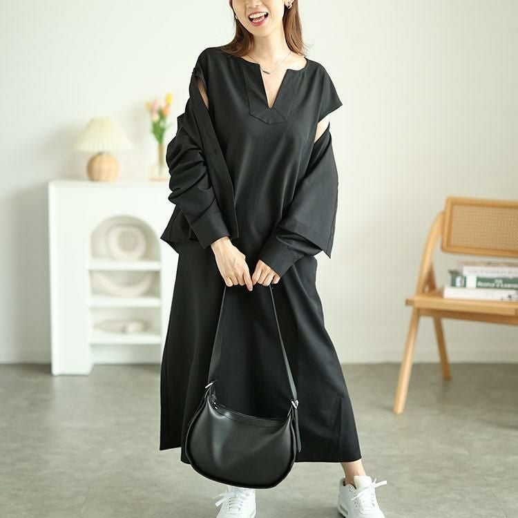 大きいサイズ レディース キーネックフレンチスリーブワンピース＆ショート丈ジャケット2点セット　maru-30061 ブラック