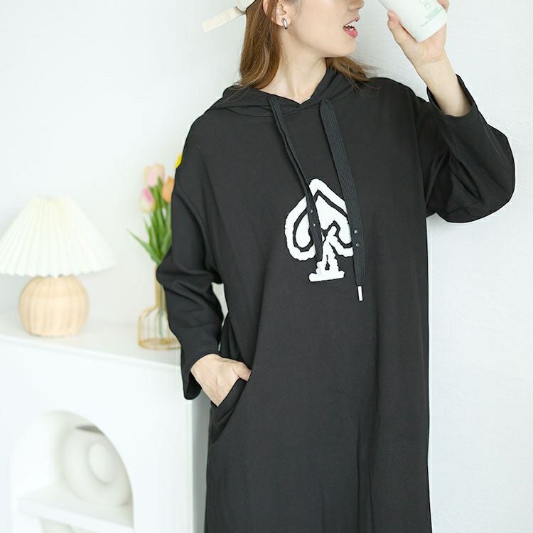 大きいサイズ レディース スペードワッペン付きパーカーロングワンピース　goldy-1562