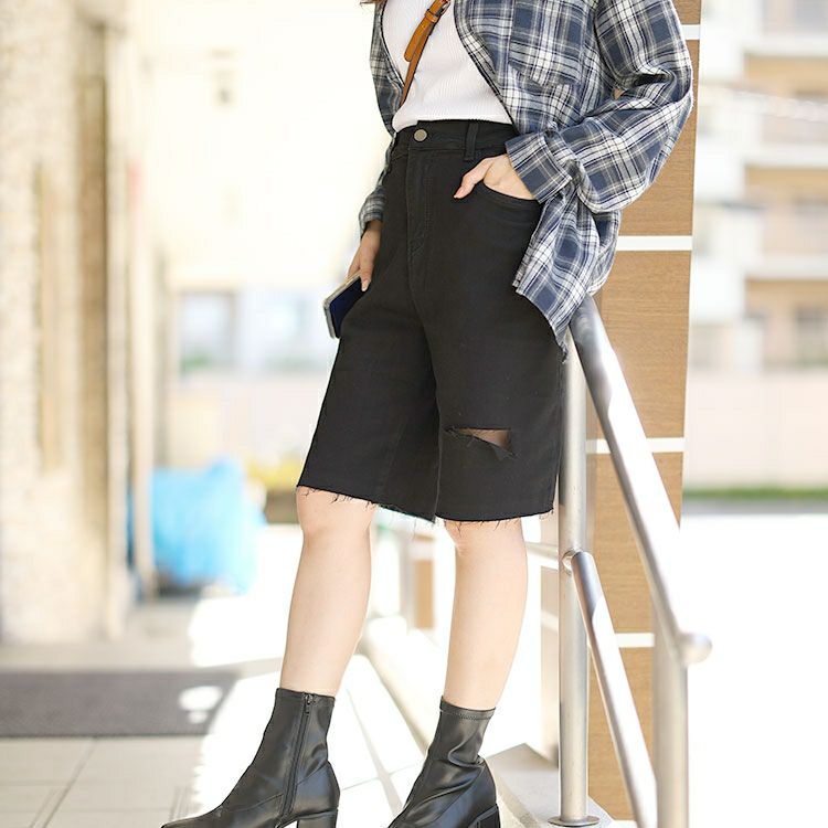 大きいサイズ レディース カットアウトデニムハーフパンツ　goldy-1558