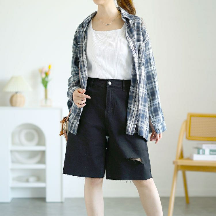 大きいサイズ レディース カットアウトデニムハーフパンツ　goldy-1558