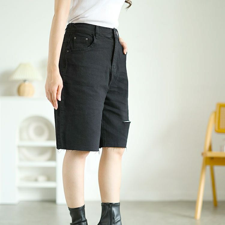 大きいサイズ レディース カットアウトデニムハーフパンツ　goldy-1558