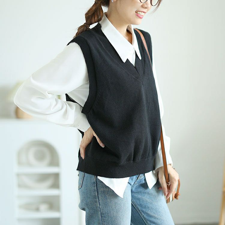 大きいサイズ レディース 長袖シャツ＆ニットベストセット　goldy-1553