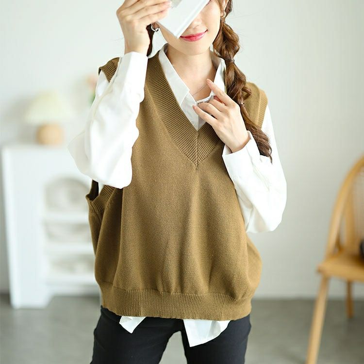 大きいサイズ レディース 長袖シャツ＆ニットベストセット　goldy-1553