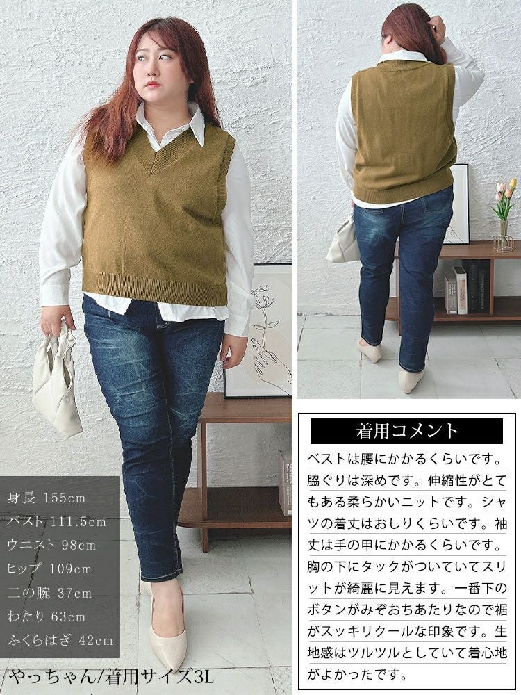 大きいサイズ レディース 長袖シャツ＆ニットベストセット　goldy-1553