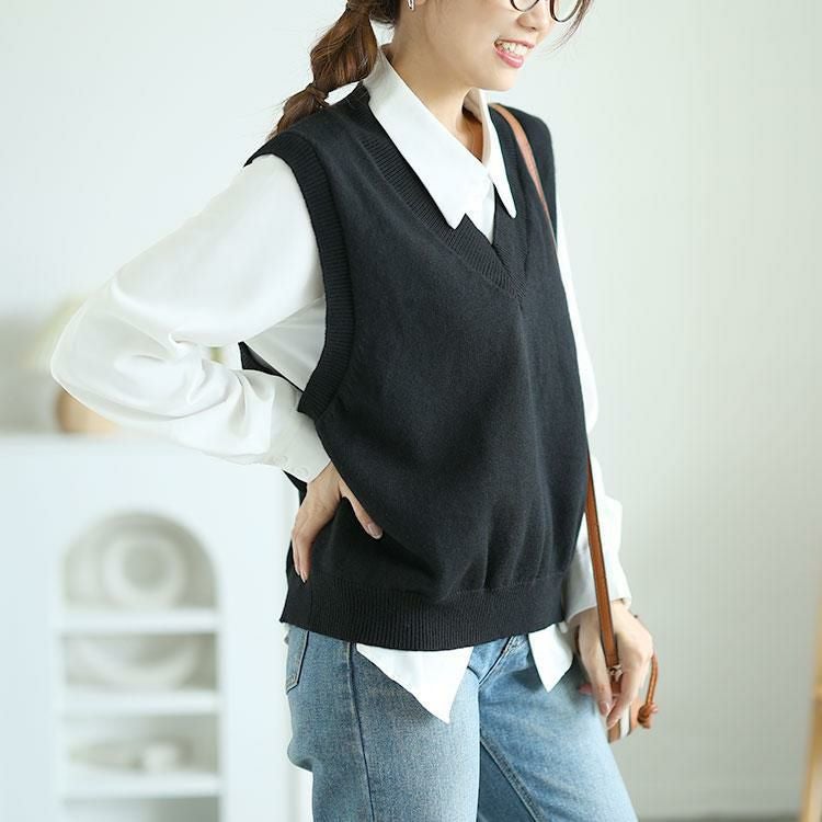 大きいサイズ レディース 長袖シャツ＆ニットベストセット　goldy-1553 ブラック