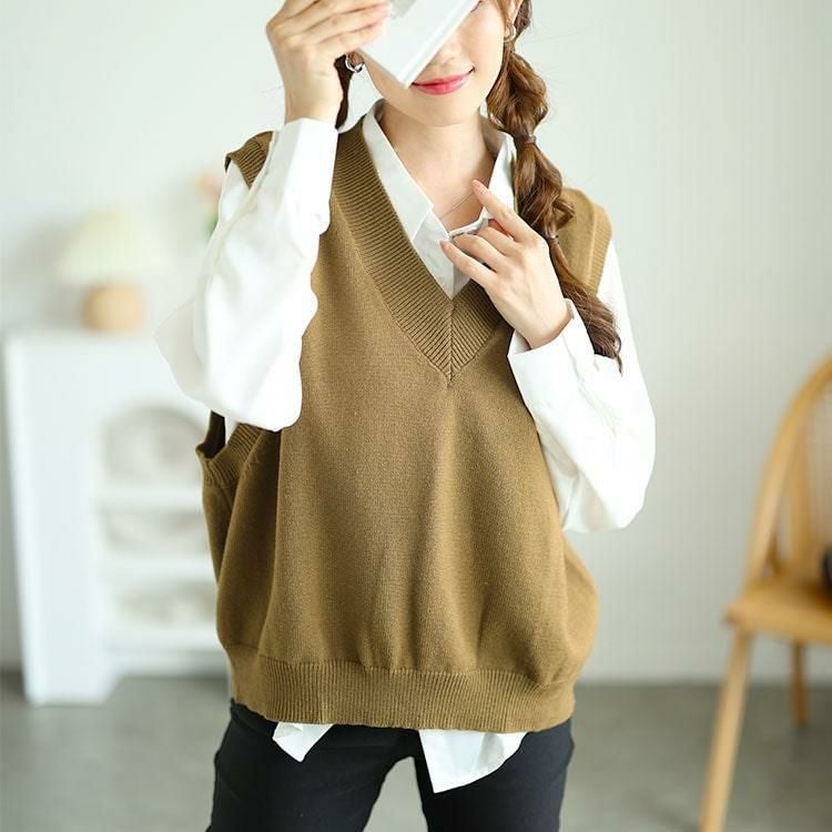 大きいサイズ レディース 長袖シャツ＆ニットベストセット　goldy-1553 カーキ