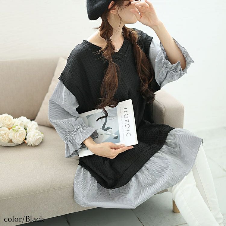 大きいサイズ レディース 異素材フェイクレイヤードチュニック　plan-250064