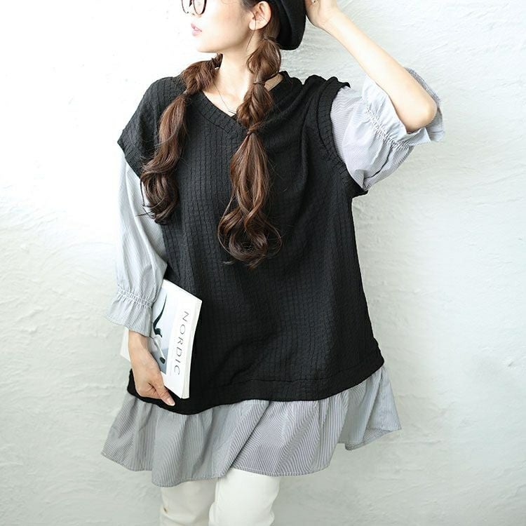 大きいサイズ レディース 異素材フェイクレイヤードチュニック　plan-250064