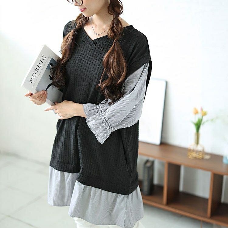 大きいサイズ レディース 異素材フェイクレイヤードチュニック　plan-250064