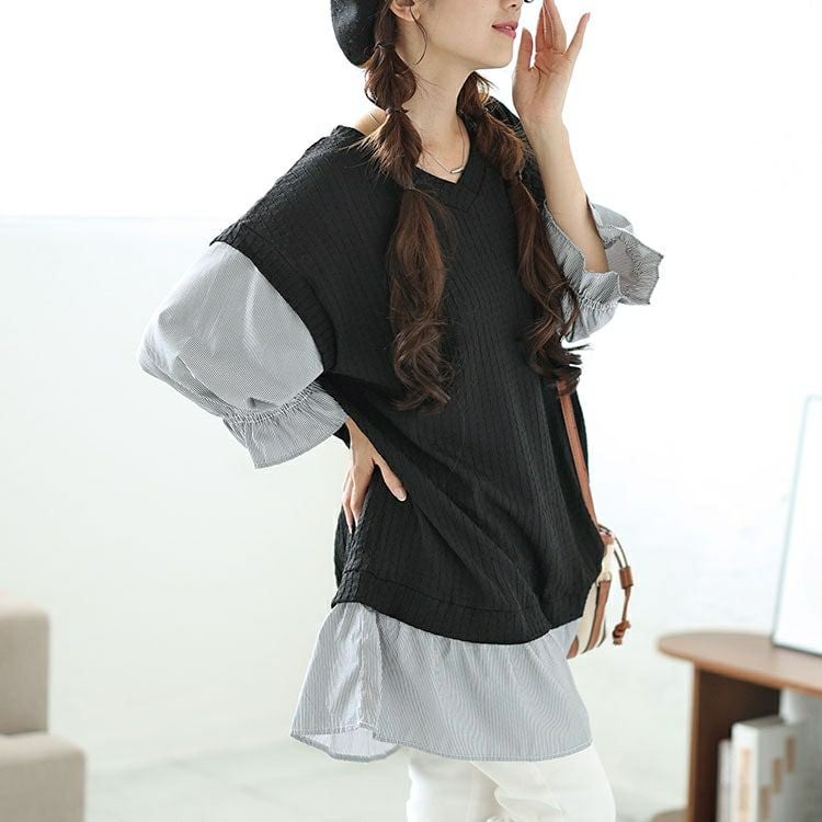 大きいサイズ レディース 異素材フェイクレイヤードチュニック　plan-250064