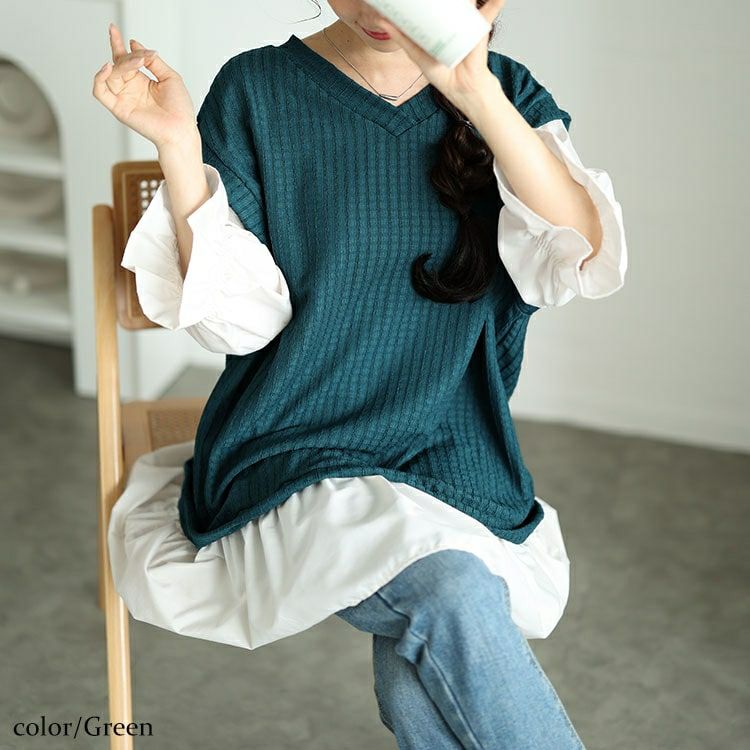 大きいサイズ レディース 異素材フェイクレイヤードチュニック　plan-250064