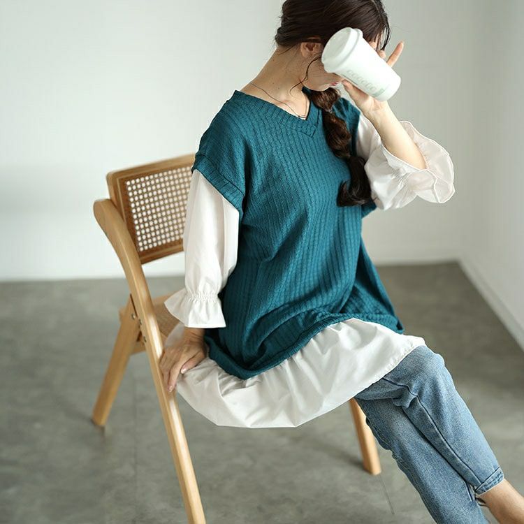 大きいサイズ レディース 異素材フェイクレイヤードチュニック　plan-250064