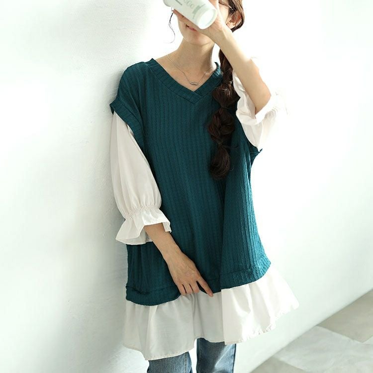 大きいサイズ レディース 異素材フェイクレイヤードチュニック　plan-250064