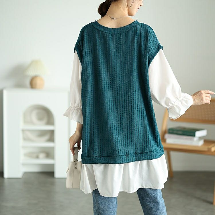 大きいサイズ レディース 異素材フェイクレイヤードチュニック　plan-250064