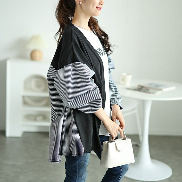 大きいサイズ レディース ストライプ切り替えVネックカーディガン　plan-250062 【メール便可】