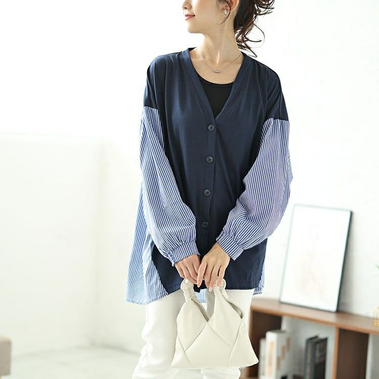 大きいサイズ レディース ストライプ切り替えVネックカーディガン　plan-250062 【メール便可】