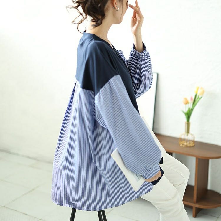 大きいサイズ レディース ストライプ切り替えVネックカーディガン　plan-250062 【メール便可】