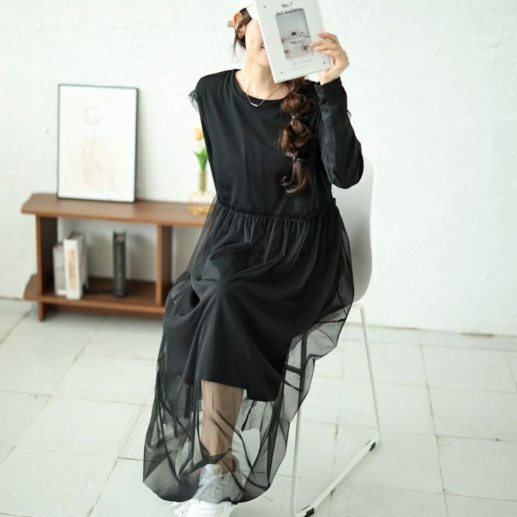 大きいサイズ レディース チュールワンピース＆カットソーワンピース2点セット　plan-250057