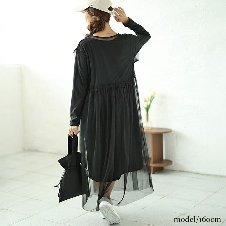 大きいサイズ レディース チュールワンピース＆カットソーワンピース2点セット　plan-250057