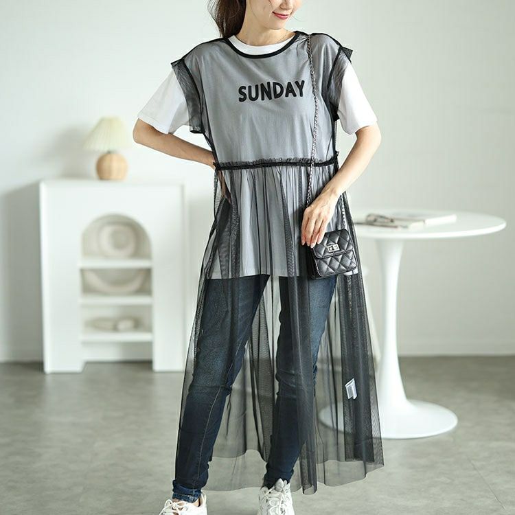 大きいサイズ レディース チュールワンピース＆カットソーワンピース2点セット　plan-250057