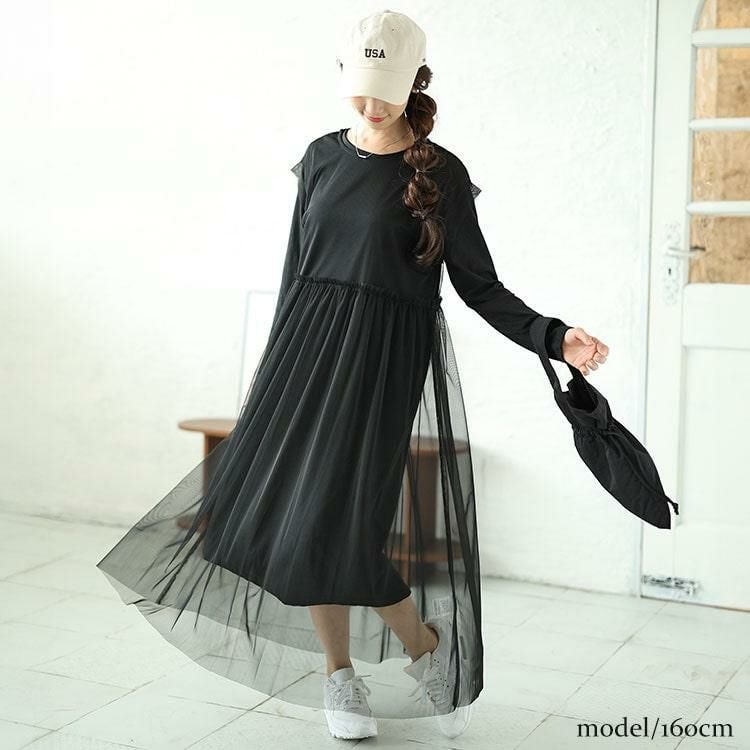 大きいサイズ レディース チュールワンピース＆カットソーワンピース2点セット　plan-250057 ブラック