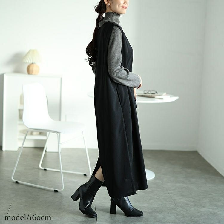 大きいサイズ レディース バックスリット深キーネックジャンパースカート　plan-250033