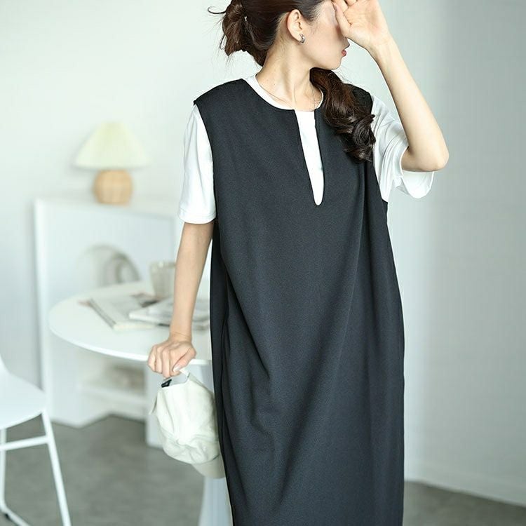 大きいサイズ レディース バックスリット深キーネックジャンパースカート　plan-250033