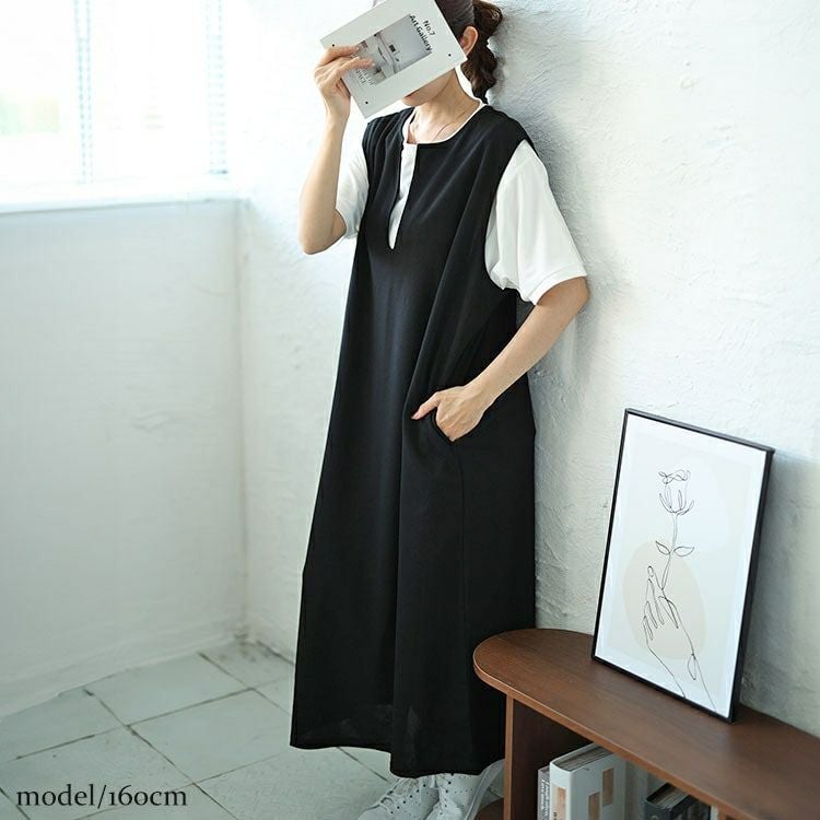 大きいサイズ レディース バックスリット深キーネックジャンパースカート　plan-250033