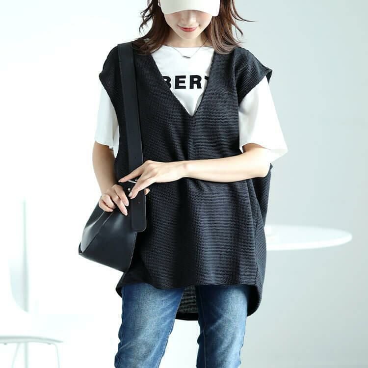 大きいサイズ レディース 深Vネック後ろタックコクーンベスト　mncut-142559 ブラック