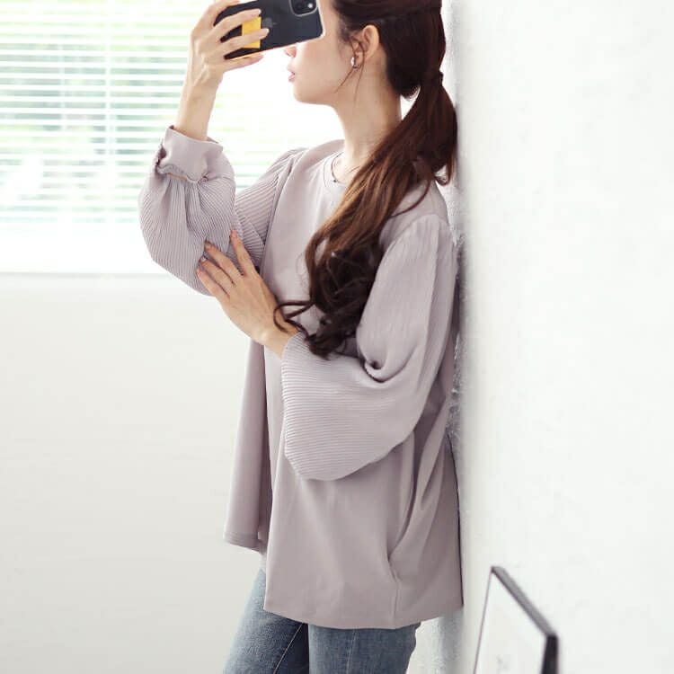 大きいサイズ レディース プリーツボリュームスリーブプルオーバー　mncut-142555 【メール便可】