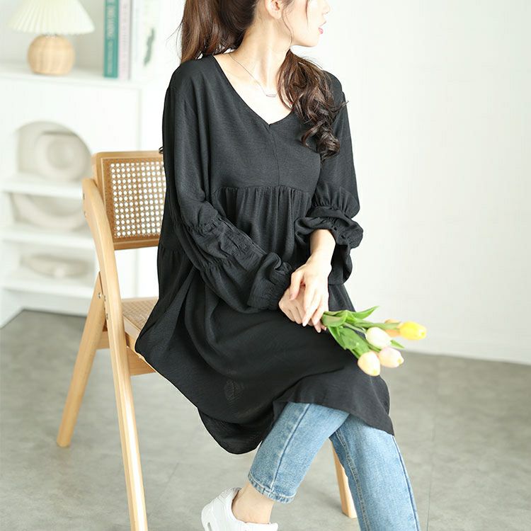 大きいサイズ レディース 胸下ギャザー切替えチュニックワンピース　goldy-1576