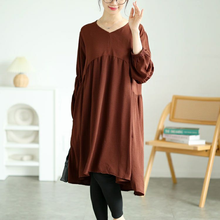 大きいサイズ レディース 胸下ギャザー切替えチュニックワンピース　goldy-1576