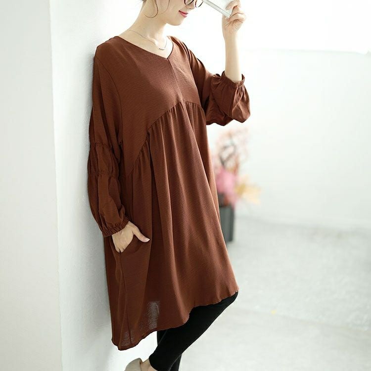 大きいサイズ レディース 胸下ギャザー切替えチュニックワンピース　goldy-1576