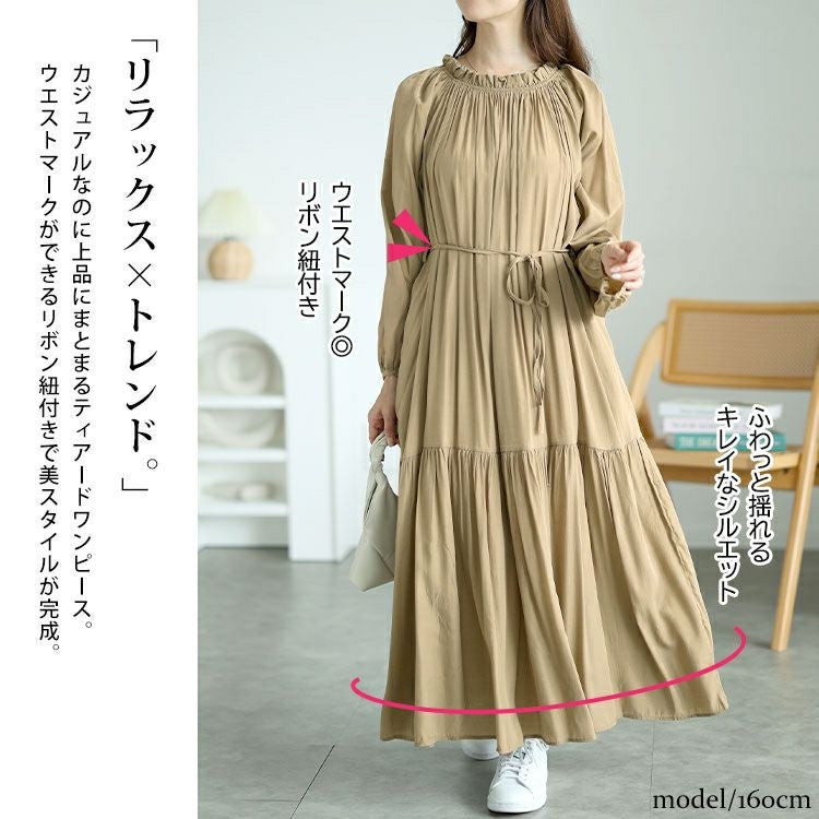 大きいサイズ レディース フリルネックティアードワンピース　goldy-1574