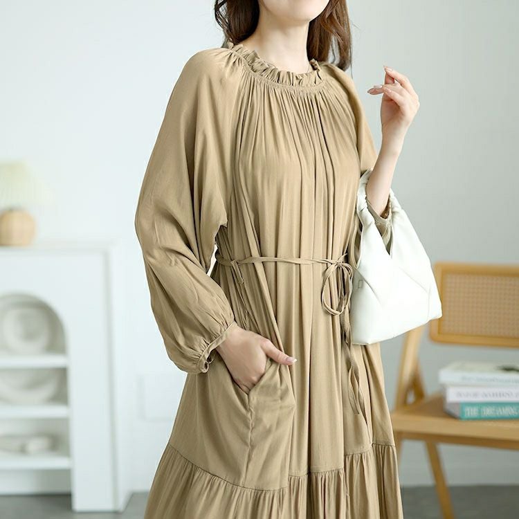 大きいサイズ レディース フリルネックティアードワンピース　goldy-1574