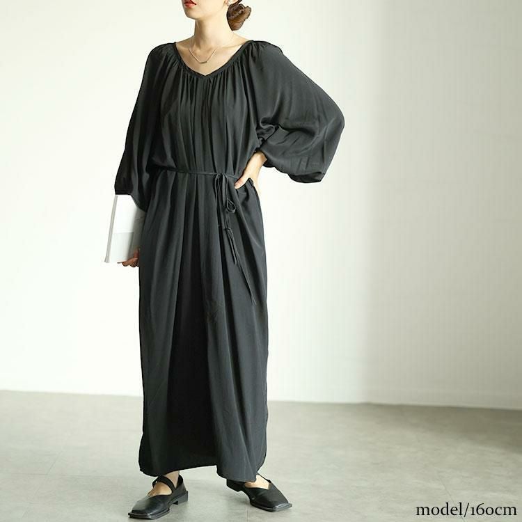 大きいサイズ レディース 前後2wayバルーン袖Vネックワンピース　goldy-1573 【メール便可】 ブラック