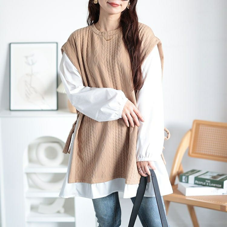 大きいサイズ レディース 脇リボンベスト重ね着風チュニック　plan-260508